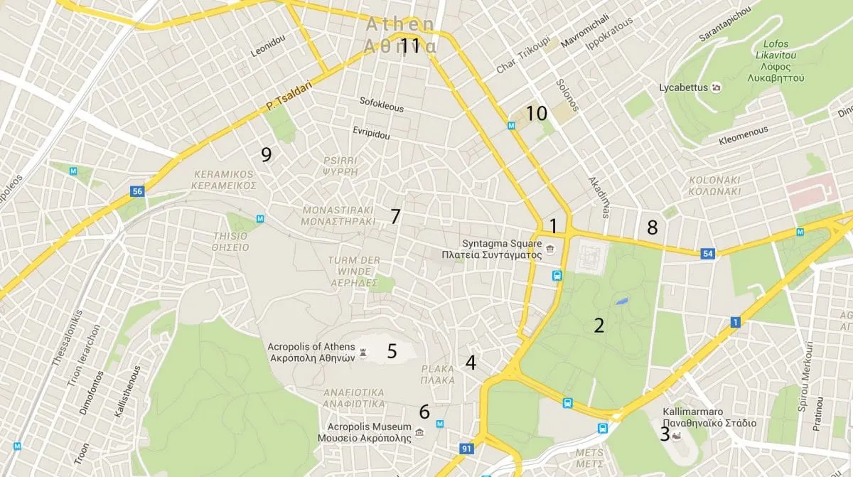 Map of Athens sights