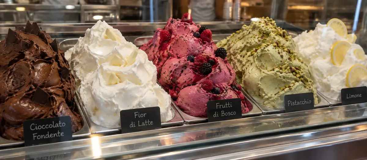 Gelato display with cioccolato fondente, fior di latte, frutti di bosco, pistacchio and limone