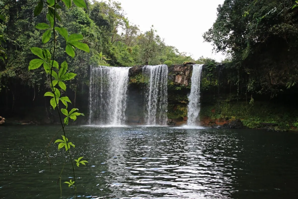 Three cascades of Tad Champi waterfall pouring into a dark jungle pool