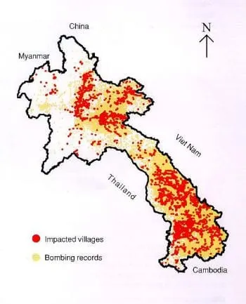 Map of bombings in Laos during the Secret War. The red color indicates villages bombed, while the yellow represents all other areas bombed.