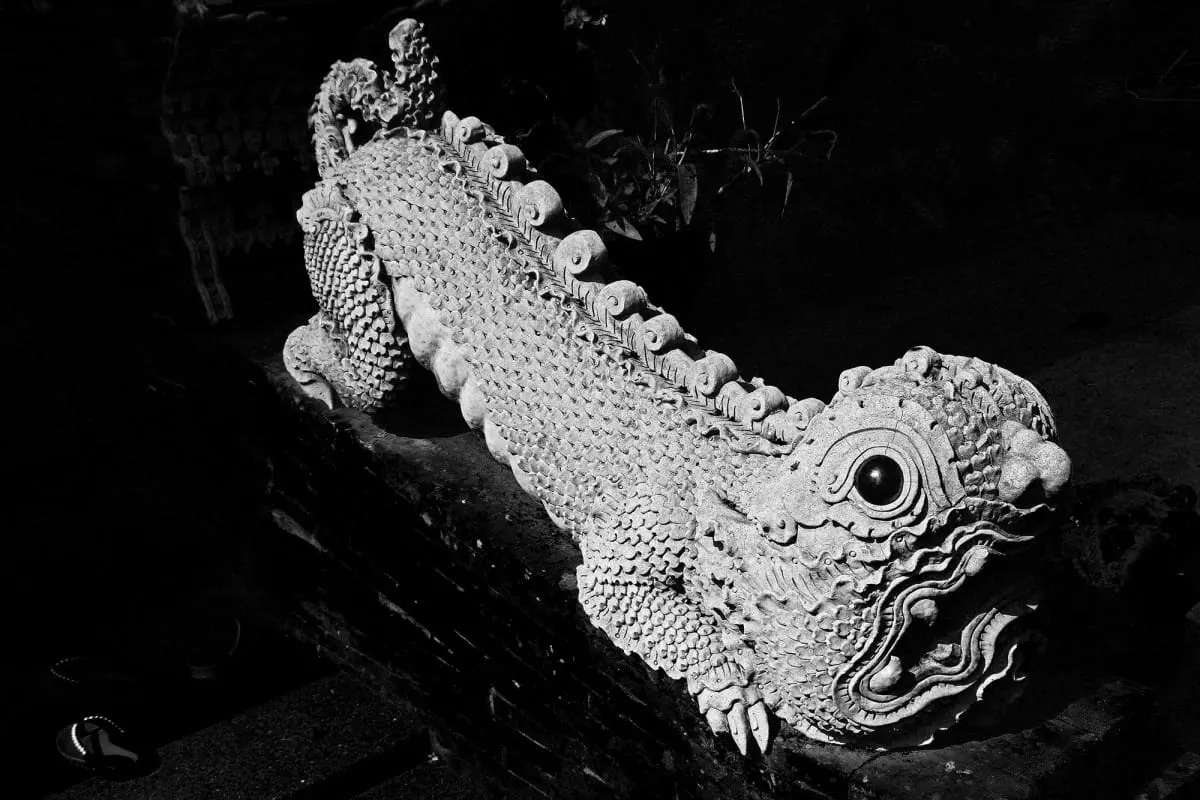 Black-and-white close-up of a scaled naga sculpture on temple steps, Chiang Mai
