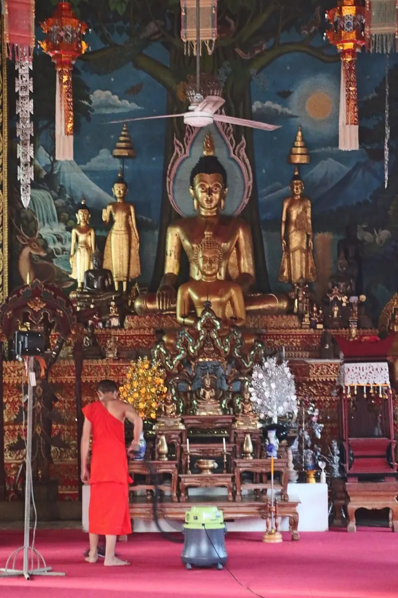 A monk vacuuming in front of a golden Buddha altar in a Lamphun temple.