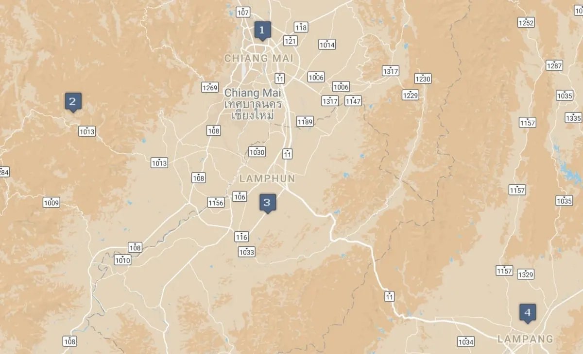 Map of Chiang Mai, Mae Wang, Lamphun and Lampang with numbered stops.